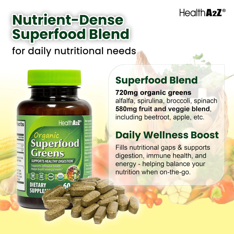 [Australia] - HealthA2Z¬Æ Organic Superfood Greens | 60 Tablets | Greens Blend 720mg | Fruits & Veggies Blend 580mg | Alfalfa, Broccoli, Spinach, Spirulina, Apple, Beet Root, Strawberry & Much More! 