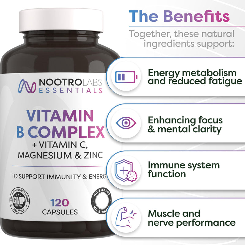Nootro Essentials Vitamin B Complex with Vitamin C, Magnesium and Zinc, High Strength Vitamin B Supplement for Energy Metabolism and Immune Support, (60 Servings, 2 Month Supply)