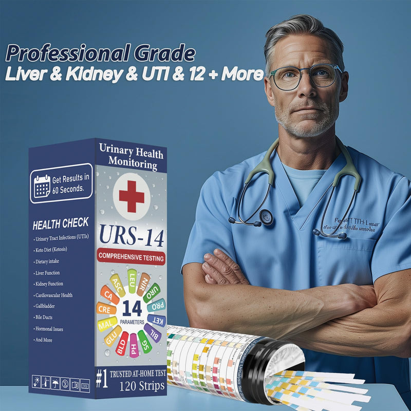 [Australia] - URS Urine Reagent Test Strip for 14 Parameters Urinalysis - Self Testing at Home in 60 Seconds for Men and Women PH, SG, Prot, KET, BLO, BIL, CRE, Kidney, Liver, UTI, Keto Diet, Ketosis, and +7 More 