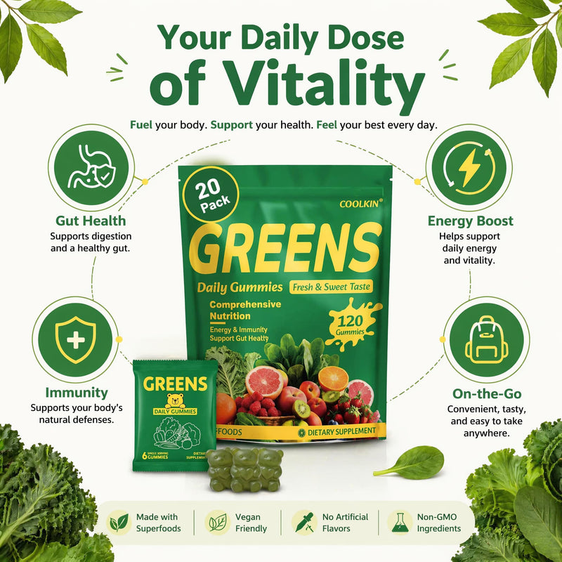 COOLKIN Greens Daily Gummies, Adult Super Greens Multivitamin Superfood Gummies with Spirulina, Chlorella, Adaptogens & Prebiotic Fiber - Digestive Health Support, (20 Count)