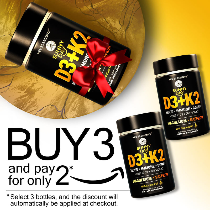KEY ELEMENTS Vitamin D3 K2 10,000 IU with Magnesium Glycinate 400mg & Saffron 88.5mg - Mood, Immune, Bone Health - Vitamin D and K (MK-7) 200mcg - Non-GMO, Gluten-Free Softgels for Women & Men
