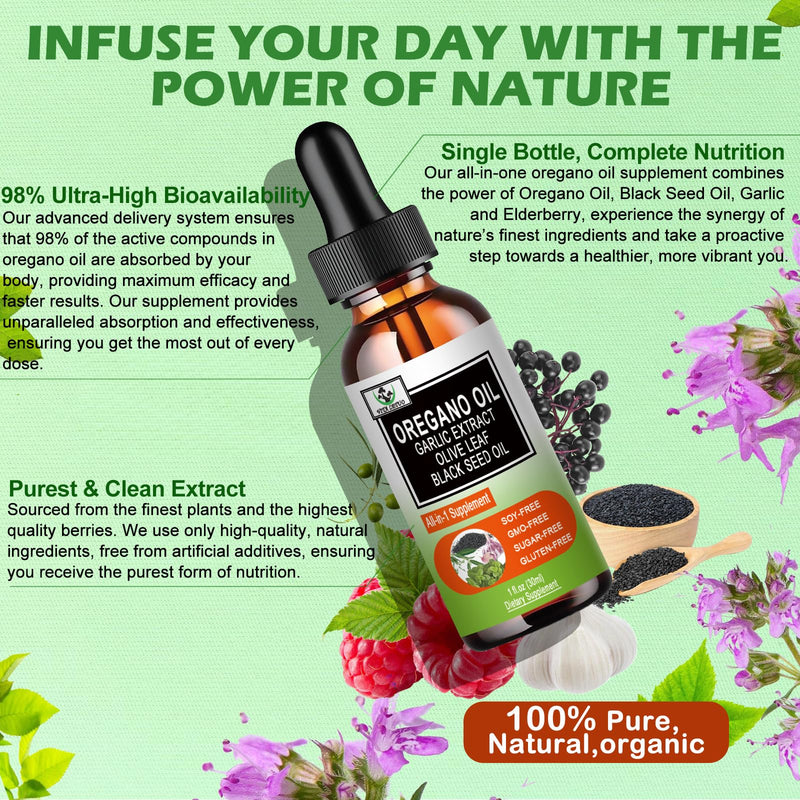 [Australia] - Organic Oil of Oregano with Black Seed Oil, Oregano Oil Liquid Drops w/Garlic Olive Leaf Elderberry for Immune,Digestive Support & Antioxidant,Seasonal Support Supplement for Women Men 