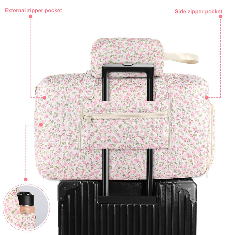 Floral Quilted Duffle Bag, Weekender Bag with Makeup Pouch Women | Floral Quilted Duffle Bag for Women, Spacious Weekender Travel Bag with Separate Shoe Compartment and Multi Pockets Pink flowers-1