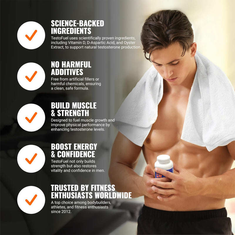 TestoFuel 120 T-Booster Pills - Test Booster for Men - 100% Natural Ingredients - Contributes to Normal Testosterone Levels & Muscle - Vitamin, Fenugreek & Magnesium Booster - UK Made Pro Supplement