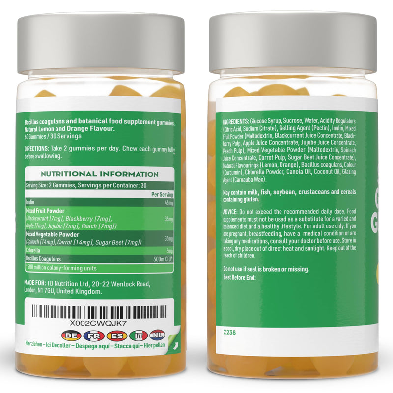 New Nature Super Greens Gummies - Greens Supplement with Fruit & Veggie Powders, Chlorella & Bacillus Coagulans - 60 Lemon & Orange Flavour Gummies - UK Made, Gelatin-Free