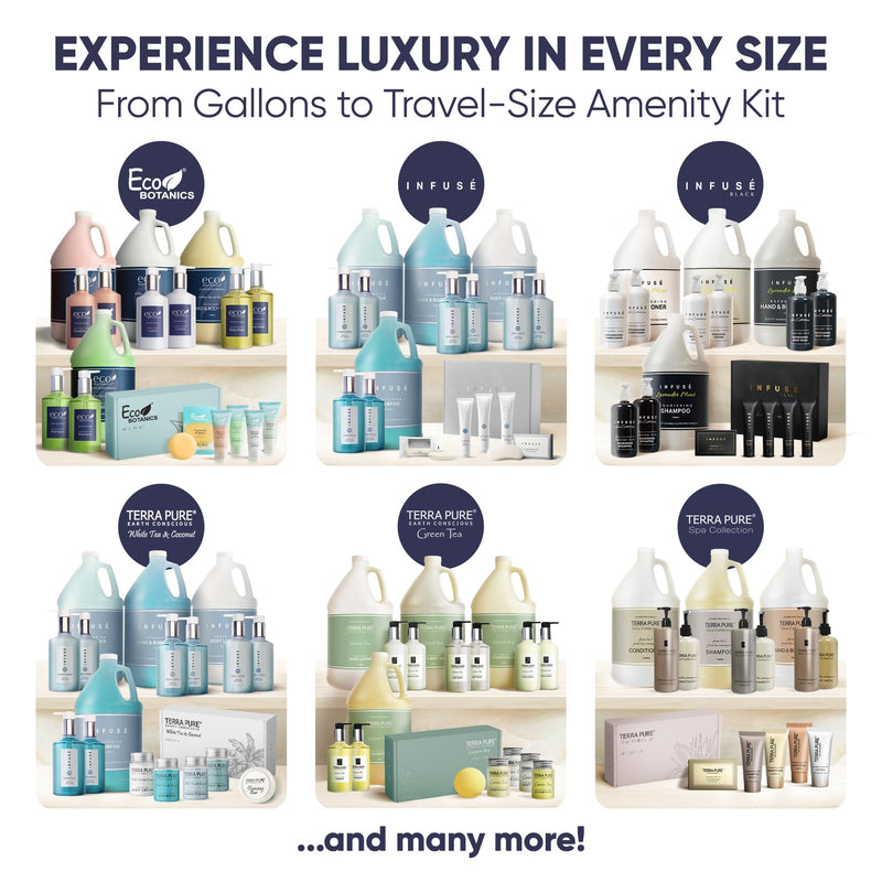 Terra Pure Amenity & Accessory Kit |1 oz Travel Size Shampoo, Conditioner, Lotion, Body Wash, 2 Cleansing Bars, Shave & Dental Sets, Make-Up Remover Wipes, & Vanity Kit | 1 set per case