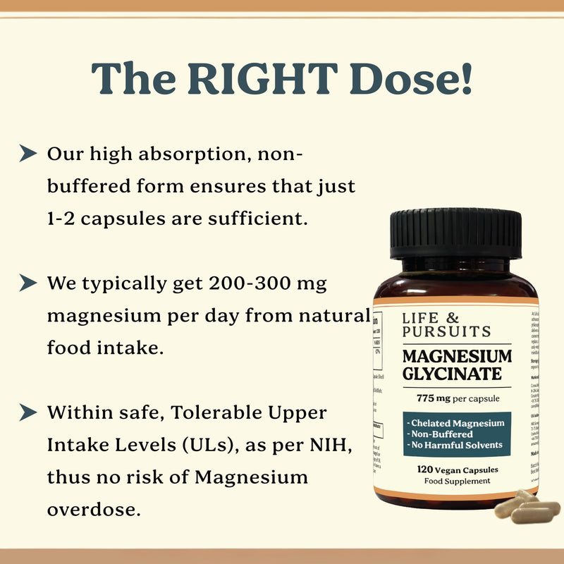 Life & Pursuits Pure Magnesium Glycinate 775 mg | 100 mg Magnesium per Capsule | High Absorption Chelated, Non-Buffered Supplement | 3rd Party Tested (120 Count (Pack of 1)) 120 count (Pack of 1)