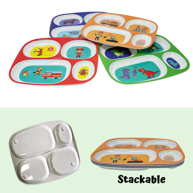 [Australia] - 4E's Novelty 4 Melamine Dinner Plate for Kids Boys, Plastic Mealtime Divided Plates, Dinnerware Dishes Set For Picky Eaters, BPA Free, Construction, Dinosaur, Firefighter, Farm Animal Boys Theme 