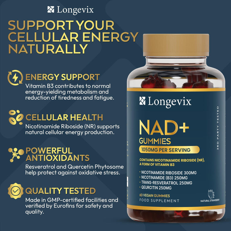 NAD+ Gummies 1050mg – 4-in-1 Booster with NR 300mg + Trans-Resveratrol 250mg + Pure Nicotinamide 250mg + Quercetin-250mg Per Serving – Vegan Sugar-Free – 60 Count (30-Day Supply)
