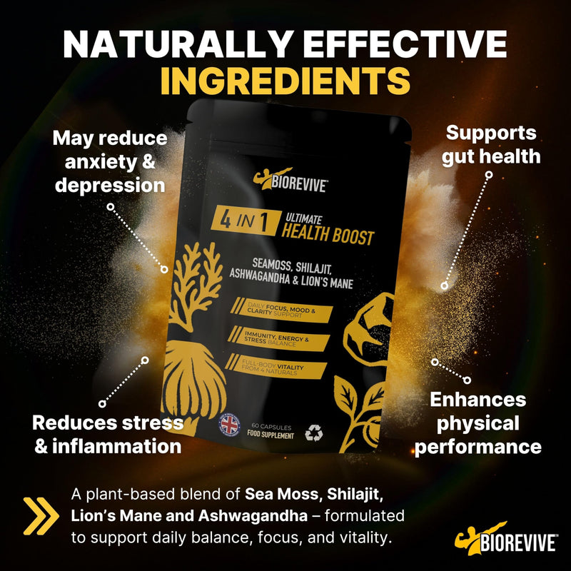 Biorevive Ultimate Health Boost Sea Moss, Shilajit, Lion's Mane and Ashwagandha Complex 60 Capsules Natural Energy, Focus, Immunity and Gut Health Support Wellness Supplement 1 count (Pack of 1)