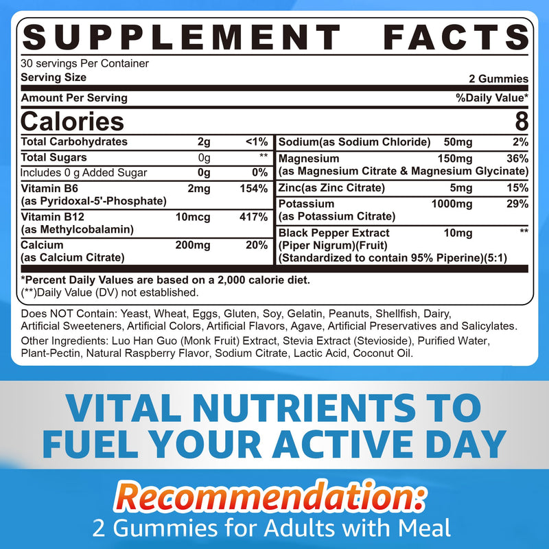 [Australia] - Potassium Citrate 1000mg Gummies, Potassium Magnesium Supplement + Calcium, Zinc, Sodium, Vitamin B6, B12, Support Leg Cramps, Electrolyte Balance, Body Performance, Energy Boost, Sugar Free, 120 Cts 60 Count (Pack of 2) 