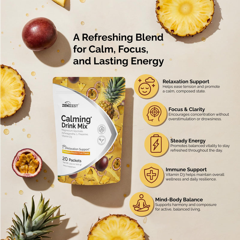 Calming Drink Mix Powder - Natural Cortisol Balance Calm | Sleep Stress Support with Magnesium Glycinate Ashwagandha L-Theanine Vitamin D3 - Pineapple Passion Fruit Flavor 20 Packets 3.53 Ounce (Pack of 1)
