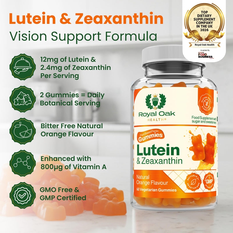 Lutein & Zeaxanthin Gummies 12mg + 2.4mg with Vitamin A 800µg | Vision Support Eye Complex | Natural Orange Flavour | Plant Based Pectin | Vegetarian | 60 Gummies | UK Made | GMP Certified Lutein & Zeaxanthin Gummies