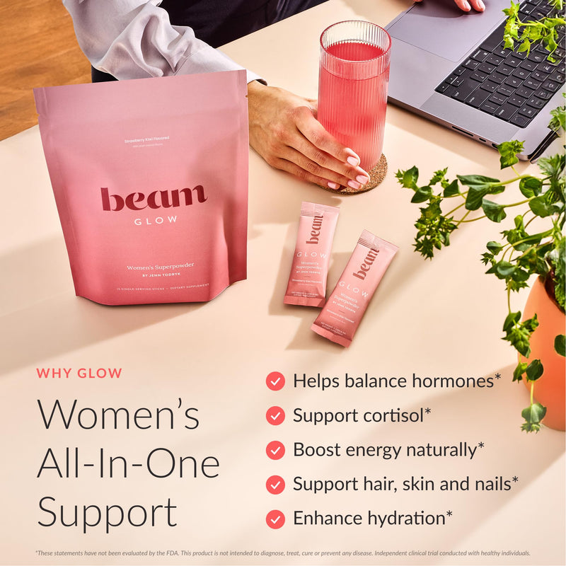 BEAM Glow Hormone Support & Cortisol Supplement for Women - Daily Vitamins for Women with Ashwagandha, Selenium, Zinc, Vitamin A, for Cycle Health, Mood & Energy, Strawberry Kiwi, 30 Servings