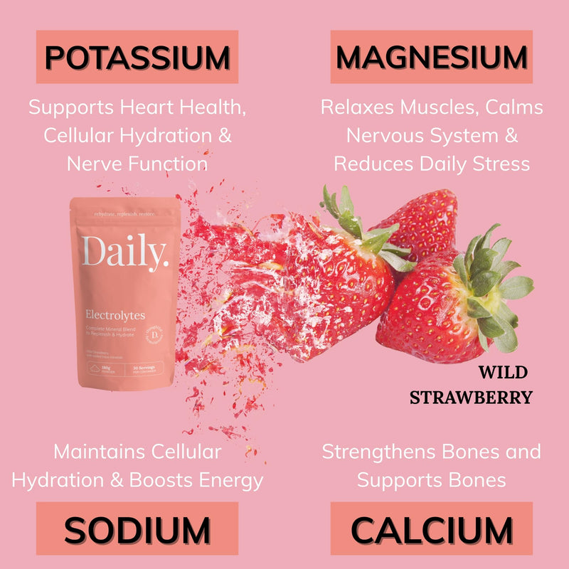 Daily Low Sodium Electrolytes Powder | Wild Strawberry | 1000mg Potassium + Magnesium + Celtic Sea Salt | Sugar-Free Keto Electrolyte Drink | Vegan Hydration Supplement for Energy, Focus & Recovery