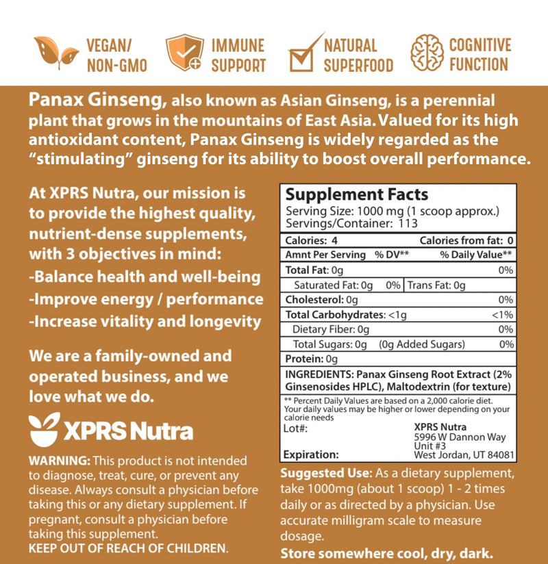 [Australia] - XPRS Nutra Ginseng Root Extract Powder - Ginseng Powder Supports Cognitive Function, Physical Performance, and Immune System - Vegan Friendly Panax Ginseng in Powder Form (4 Ounce) 4 Ounce (Pack of 1) 