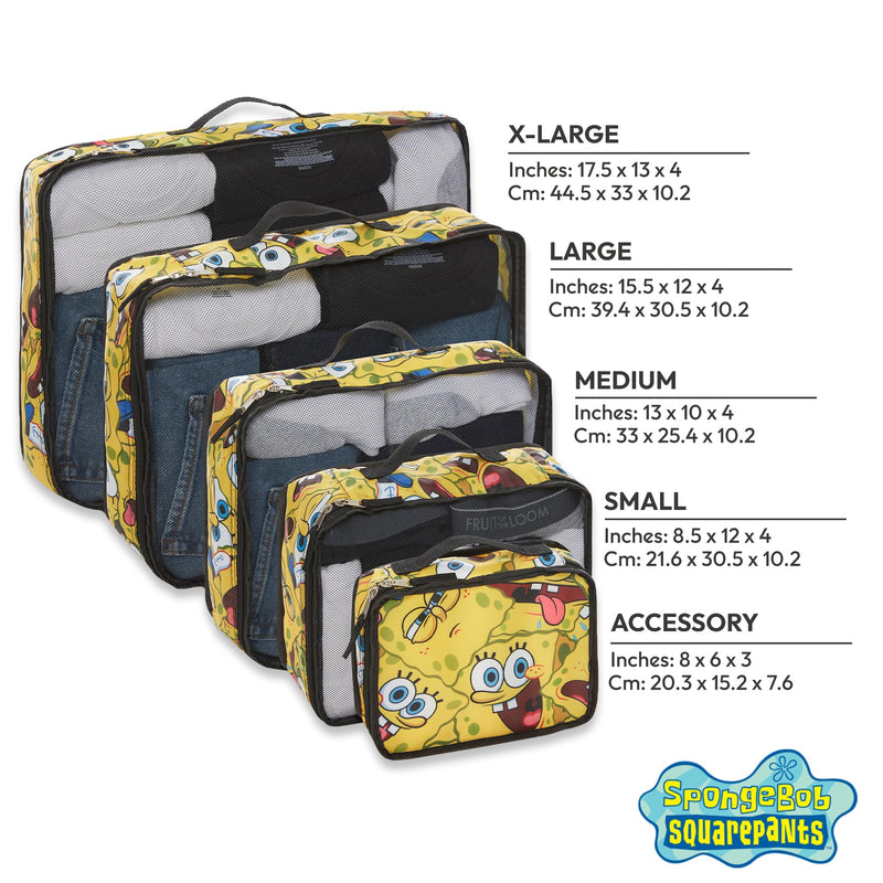 SpongeBob SquarePants Packing Cubes - Patrick Mr Krabs 5 Piece Travel Luggage Organizer Suitcase Accessories for Kids Teens Adults - Nickelodeon Licensed Gift Set
