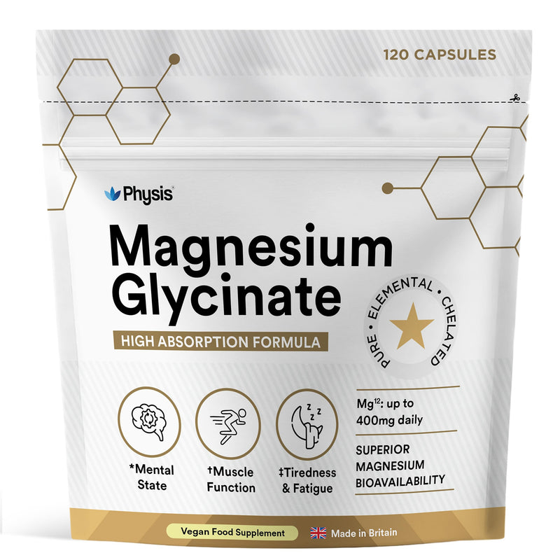Physis Magnesium Glycinate 400mg | High Strength Elemental for Sleep, Mind & Muscle | Vegan Chelated Magnesium Bisglycinate | Bioavailable | Non-Laxative Natural Mineral | 120 x Magnesium Capsules 120 count (Pack of 1)
