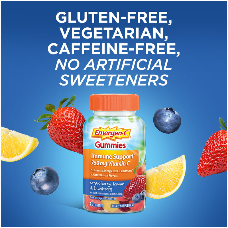 [Australia] - Emergen-C 750mg Vitamin C Gummies for Adults, Immune Support Gummies, Gluten Free, Strawberry, Lemon and Blueberry Flavors - 45 Count Berry 