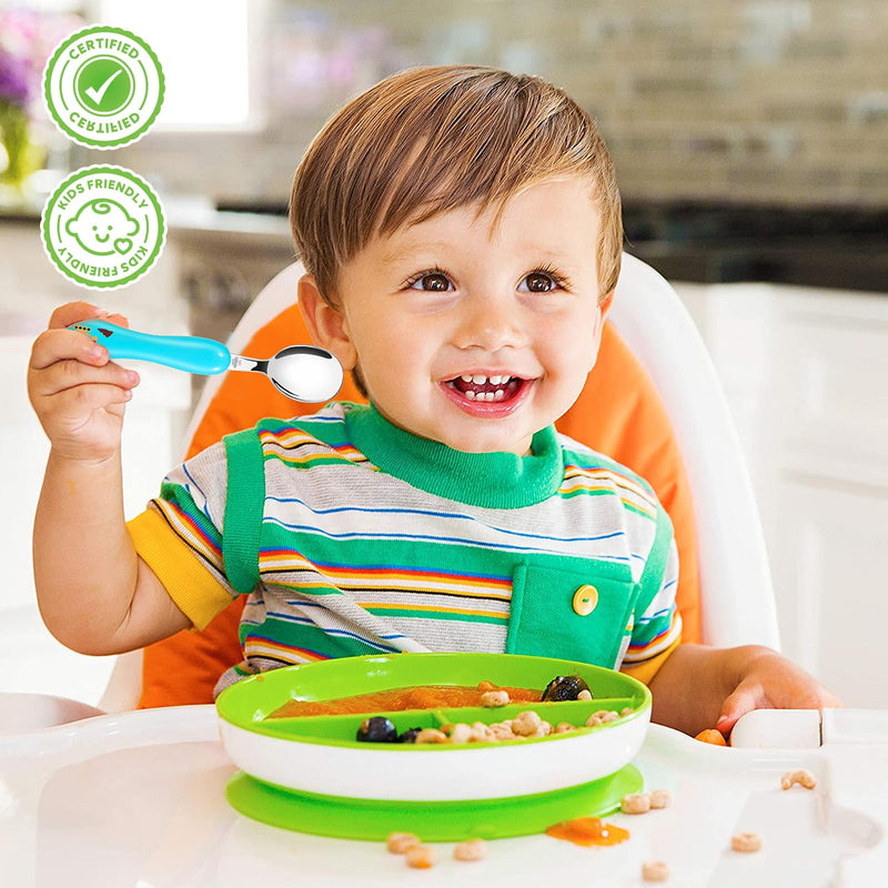 [Australia] - Lehoo Castle Toddler Utensils, 6pcs Kids Silverware, Safe Stainless Steel Fork and Spoon Set, Children Flatware Set, Includes 3 Spoons and 3 Forks (Dinosaur) Blue + Green 