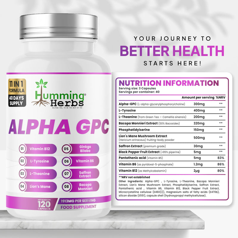 Humming Herbs Alpha GPC Complex 11-in-1 – Alpha-GPC, Lion’s Mane, Bacopa, L-Tyrosine, L-Theanine, Phosphatidylserine, Saffron, Vitamins B5 B6 B12 – 120 Vegan Capsules | 40 Day Supply