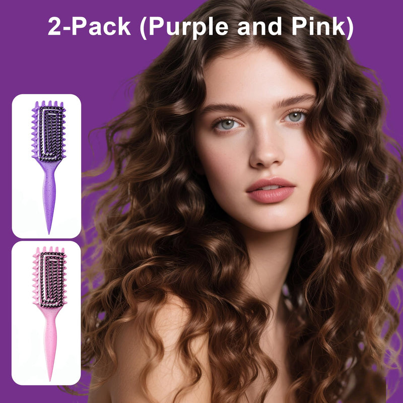 2-Pack Curly Hair Brush, Curl Defining Brush with Soft Boar Bristles Detangling Tangled Glides, Wide-Teeth Design Effortlessly Shaping & Defining Curls, Curling Definer for Wet & Dry Hair(Pink Purple) Pink Purple