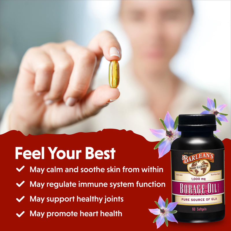 [Australia] - Barlean's Borage Oil Capsules, 1000mg Cold Pressed Pure Borage Seed Oil GLA Supplement, Omega 6 for Healthy Skin Joints and Bones and Brain Function, Non-GMO and PA Safe, 60 Count Borage Oil - 60 Count 