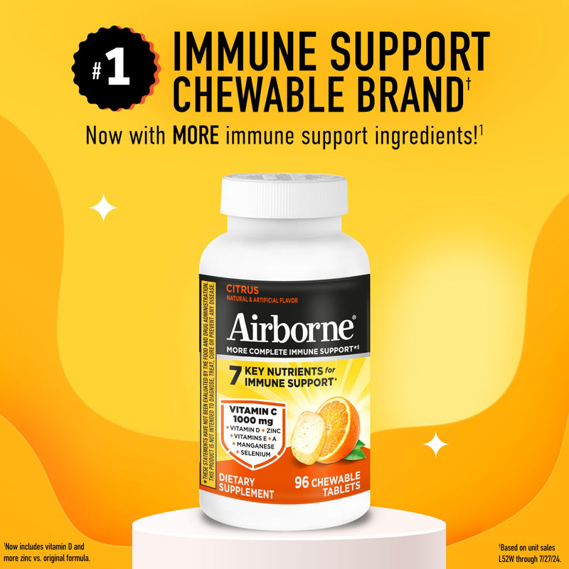 Airborne Vitamin C 1000mg (per Serving) - Citrus Chewable Tablets (96 Count in a Box) - Packaging May Vary | Antioxidants Vitamins A, D & E + Zinc, Selenium, and Manganese, Herbal Blend, Multivitamin Supplements, Immune Health, Tasty 96 Count (Pack of 1)