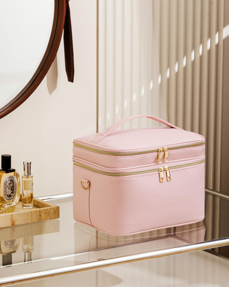 HBlife Extra Large Double Layer Travel Makeup Bag Portable Leather Cosmetic Bag Make Up Bag Makeup Case Organizer Toiletry Bag for Women Girls with Handle, Removable Divider and Shoulder Strap(Pink) Pink