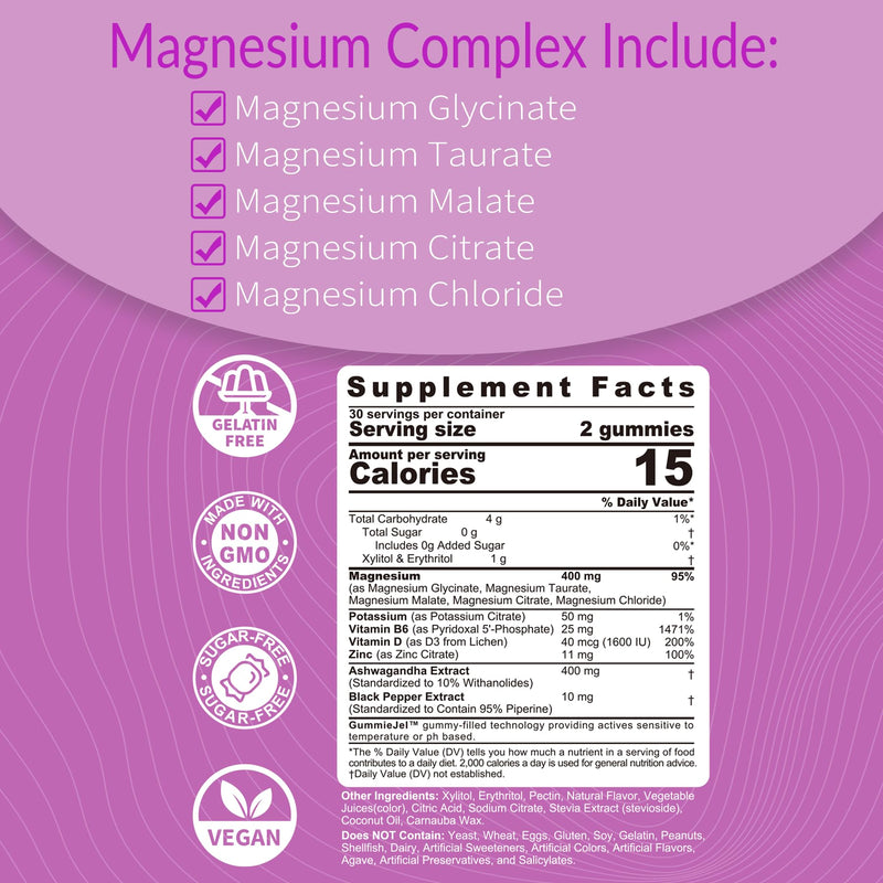 NEVISS Sugar Free CoQ10-250mg Filled Gummies + 5 Types of Magnesium 400mg, Sugar Free Magnesium Filled Gummies for Adults, 60 Counts