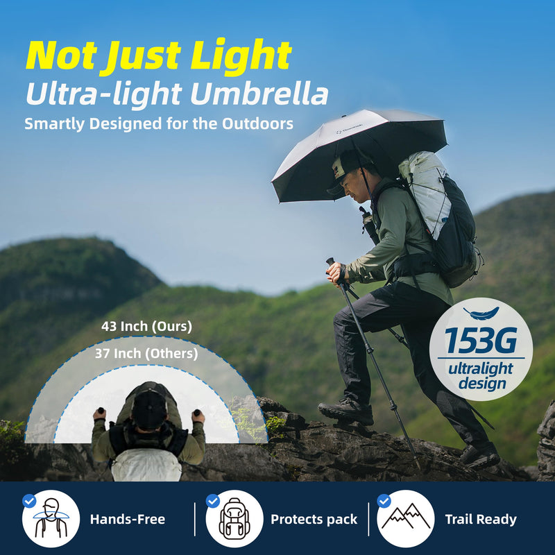 Thous Winds 5.4oz Ultralight Hiking Umbrella - 43" Hands-Free Compact Umbrella, Carbon Fiber & Aluminum, UPF 50+ Sun & Rain Protection, for Hiking, backpacking, Trekking, Travel, and Outdoor