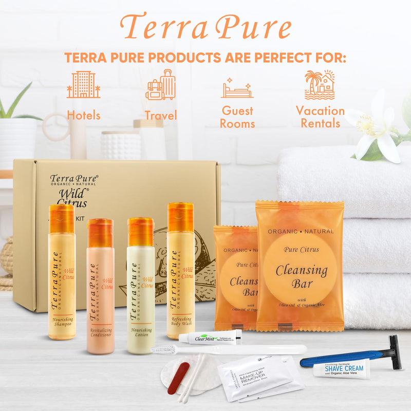 Terra Pure Amenity & Accessory Kit |1 oz Travel Size Shampoo, Conditioner, Lotion, Body Wash, 2 Cleansing Bars, Shave & Dental Sets, Make-Up Remover Wipes, & Vanity Kit | 1 set per case