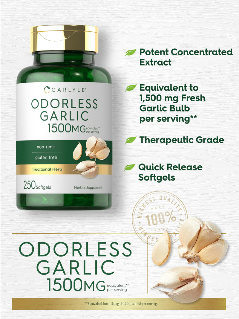 Carlyle Odorless Garlic Softgels 1500mg | 250 Count | Non-GMO, Gluten Free Extract Supplement