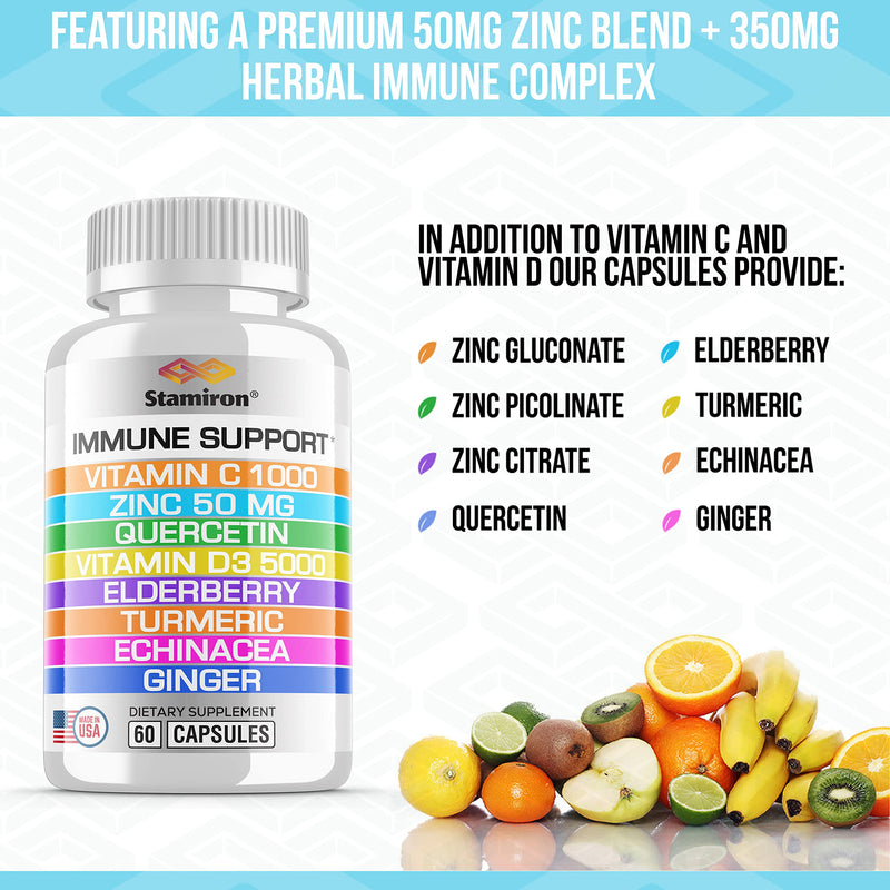[Australia] - 8 in 1 Immune Support with Quercetin Zinc 50mg Vitamin C 1000mg Vitamin D3 5000 IU and Elderberry Echinacea Ginger for Adults Kids - Vit D Immunity Defense Booster Supplement Veg Capsules Made in USA 