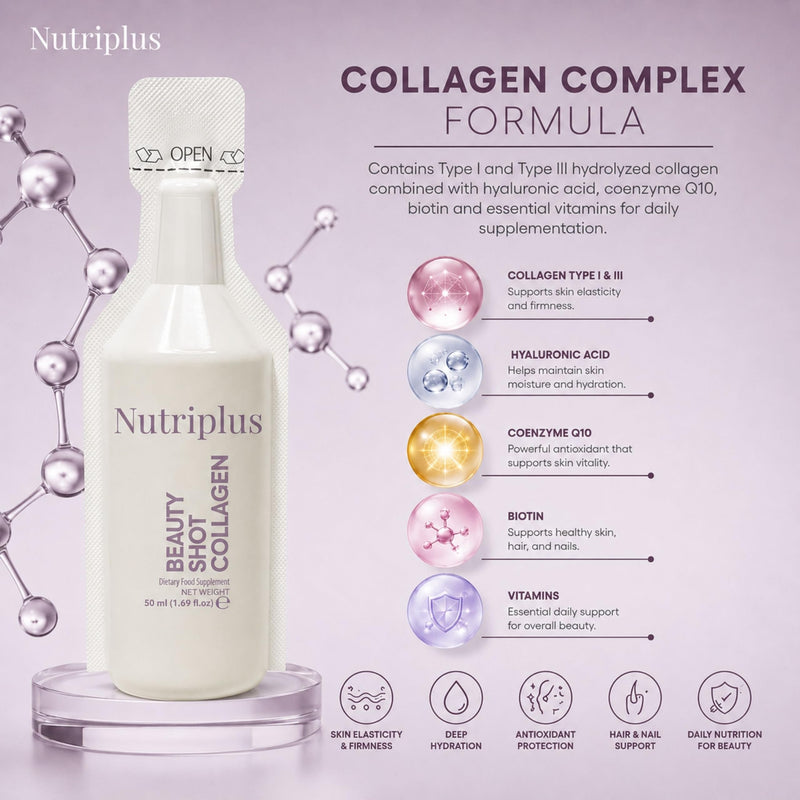 FARMASi Nutriplus Beauty Shot Collagen, Cranberry Flavor, 1.69 fl oz | Type I and III Collagen with Hyaluronic Acid Coenzyme Q10 Biotin and Vitamins, Sugar Free Liquid Supplement, 12 pieces