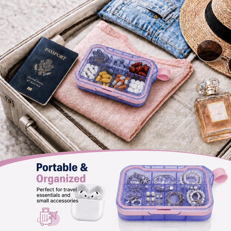 Small Pill Case, Travel Pill Organizer, Pocket Size Medicine Box, 7 Compartments Compact Pill Box for Fish Oil Vitamins Supplements Daily Medications, Purse Backpack Office Amber Purple