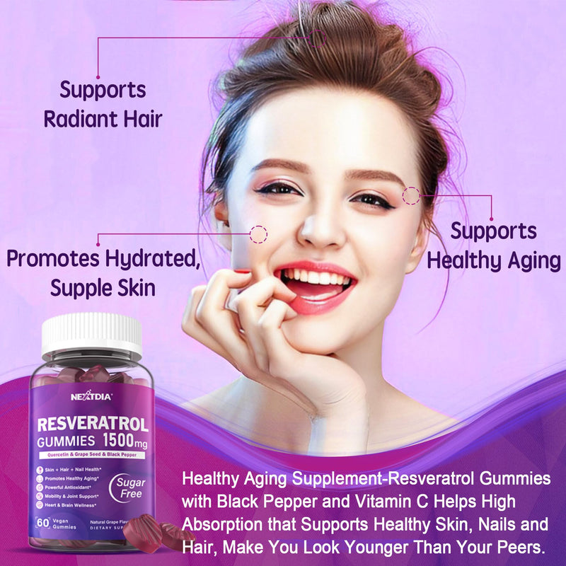 [Australia] - Resveratrol Gummies 1500mg - Sugar Free Resveratrol Supplement with Quercetin, Grape Seed, Acai Berries Extracts Support Antioxidant, Healthy Aging & longevity, Skin, Joint, Brain Wellness - Vegan 60 Count (Pack of 2) 