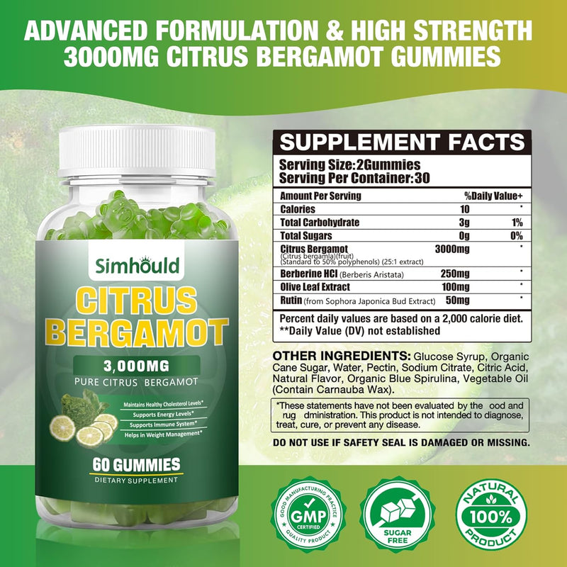 [Australia] - Citrus Bergamot Gummy - Sugar-Free, No Maltitol, Supports Healthy Cholesterol Levels Already in Normal Range, Antioxidant Support with Berberine HCl, Olive Leaf Extract, and Rutin 
