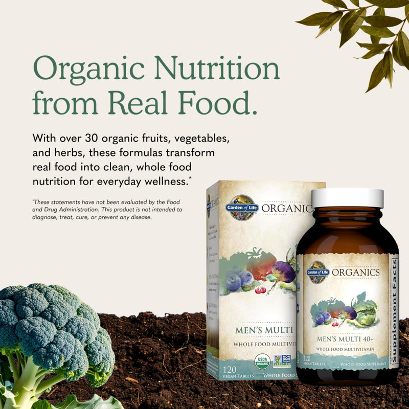 Garden of Life Organics Whole Food Multivitamin for Men 40+ 120 Tablets, Vegan Mens Multi for Health & Well-Being Certified Organic Whole Food Vitamins & Minerals for Men Over 40 Mens Vitamins | Prostate Support, B12 & Vitamins, Vegan, Daily Whole Food...