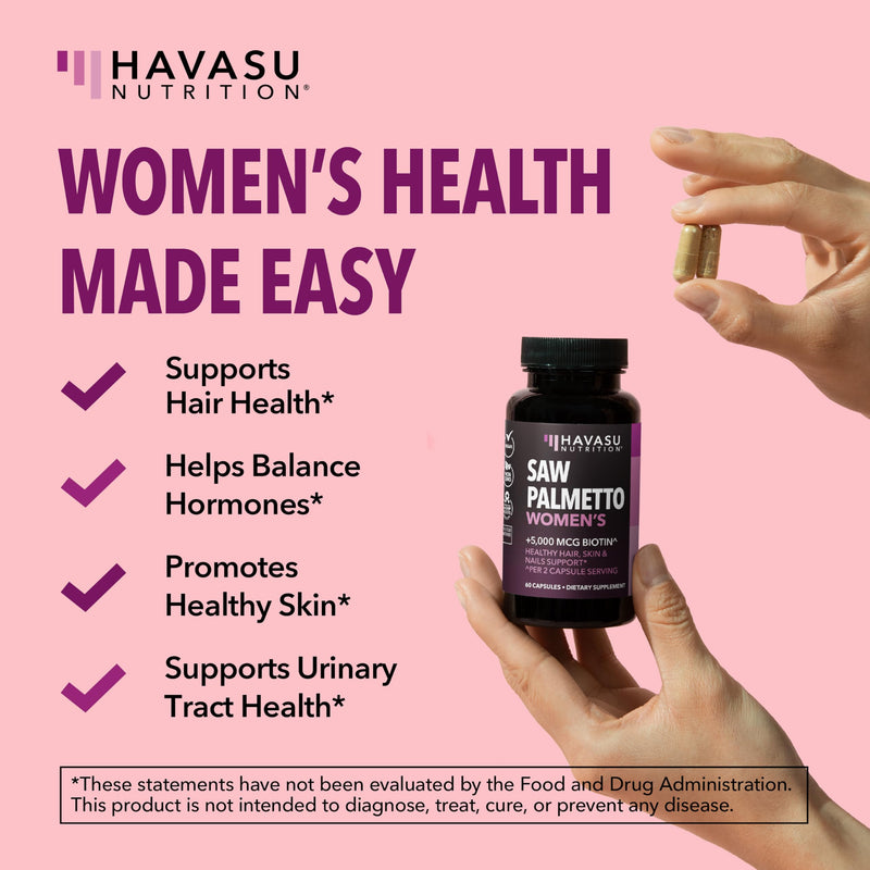 Saw Palmetto for Women with Bitoin 5000mcg Per Serving, 30-Day Supply | Vegan, Non-GMO DHT Blocker for Women for Hair, Skin and Nails, Saw Palmetto Extract with Biotin for Thicker Looking Hair 60 Count (Pack of 1)
