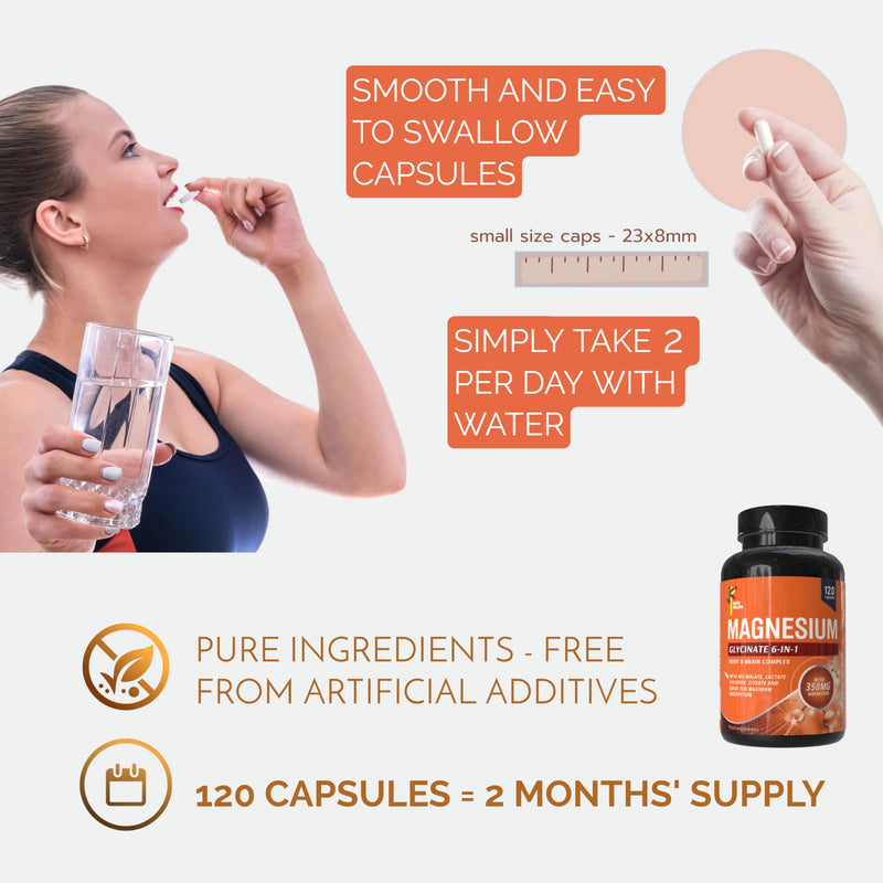 Magnesium Glycinate 6-in-1 Complex for Body & Brain | Magnesium Supplement Tablets with Citrate, Malate, Oxide, Chloride for Maximum Whole-Body Benefits | 120 Capsules, 2 Months' Supply