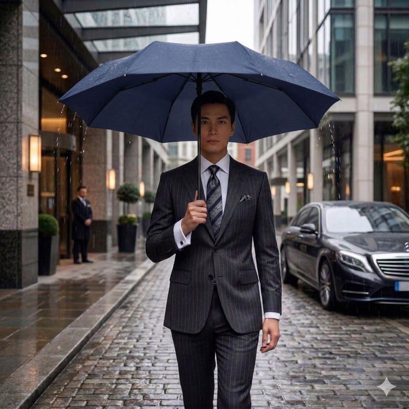 Knirps C.041 Chrome Matt Manual Rain Umbrella for Adults – Vegan Leather Handle, Wind Resistant Design, Lightweight Steel Fiberglass Frame, 39in Canopy, Protective Sleeve Included Navy