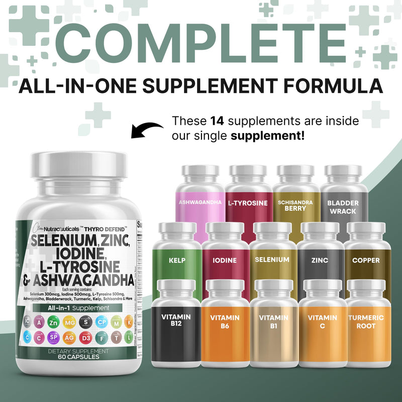 [Australia] - Clean Nutra Selenium 300mcg Iodine 500mcg Thyroid Support for Women & Men | L Tyrosine 500mg Ashwagandha Supplement Bladderwrack, Turmeric, Kelp, Schisandra Zinc Pills Capsule Supplements 