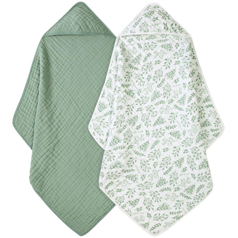 Baby Bath Towels, 100% Muslin Cotton Hooded Baby Towels for Newborn, 2 Pack Baby Towels with Hood for Infant Toddler and Kids, Large 32x32Inch, Soft and Absorbent White Leaf & Green 32*32 Inch (2 Pack)