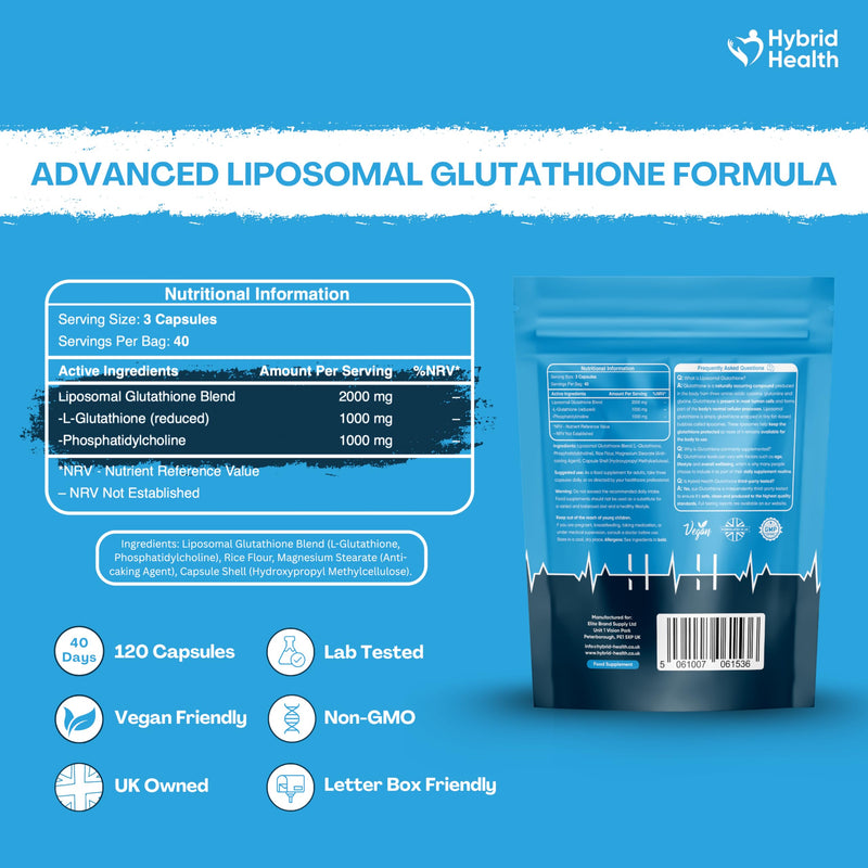 Hybrid Health Glutathione 2000mg Supplement - 120 Capsules, 99% Purity Liposomal Glutathione, High Strength Antioxidant, Third Party Tested, Glutathione Capsules