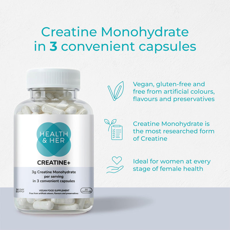 Health & Her Creatine+, Contains 3g of Creatine Monohydrate, Vegan & Gluten Free, 60-Day Supply, 180 Capsules 180 count (Pack of 1)