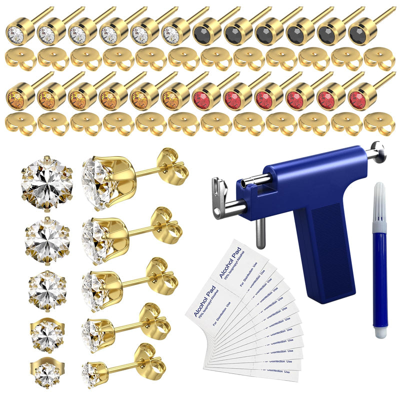 Ear piercing gun kit Package includes 24 pcs surgical grade anti-sensitivity piercing earrings, 10 pcs cubic zirconia fashion earrings, 24 pcs alcohol cotton tablets gold