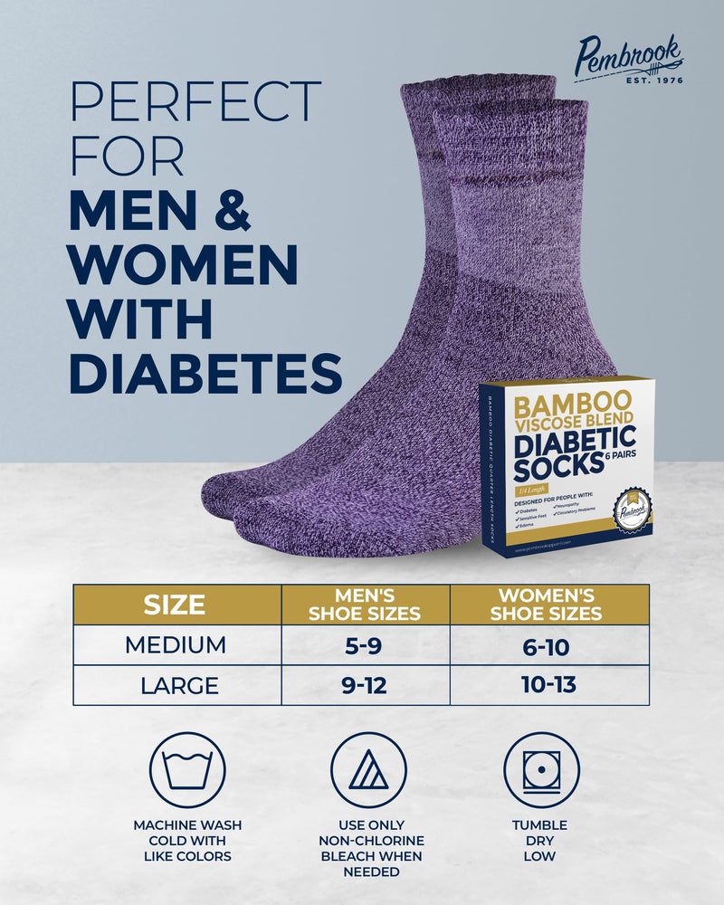 [Australia] - Pembrook Bamboo Viscose Diabetic Socks for Women & Men - 6 Pairs Ankle Socks for Swollen Feet | Neuropathy Socks | Wide Calf and Ankle Socks | Edema Neuropathy Socks for Women Bright Colors Large 