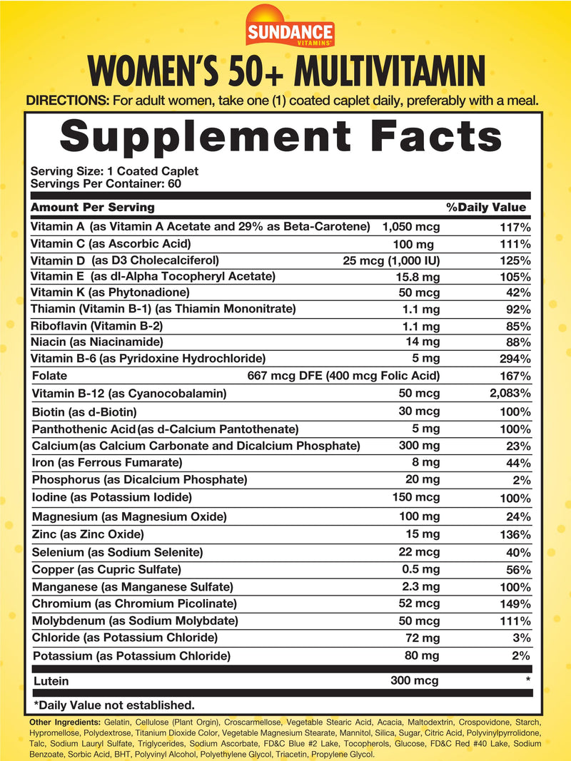 Sundance Women's 50+ ABC Complete Multivitamin | 60 Caplets | With Multimineral Formula | Non-GMO and Gluten Free Supplement