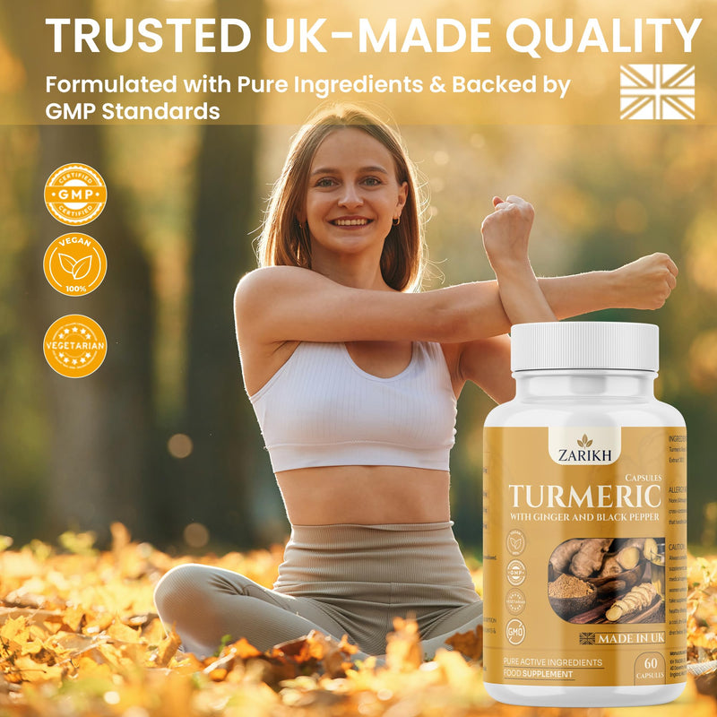 High Strength Turmeric and Black Pepper Capsules with Ginger Root | Supports Joint, Immune, Gut & Kidney Health | Anti Inflammatory Turmeric Supplement | 60 Vegan Turmeric Capsules | UK Made